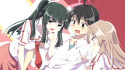  1boy 2girls absurdres ahoge anime_coloring arm_hug black_hair blush brown_hair chibiibiru commentary_request double_arm_hug girl_sandwich green_eyes green_hair highres holding_another&#039;s_arm long_hair michishio_nagasumi multiple_girls necktie open_mouth ponytail sandwiched school_uniform seto_no_hanayome seto_sun shiranui_akeno shirt skirt 