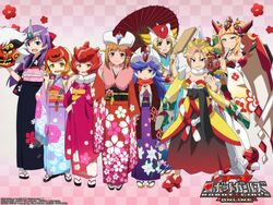  6+girls blonde_hair blue_eyes braid breasts brown_hair character_request dated dress female gre-chan grenda-san happy happy_new_year hat helmet japanese_clothes kimono long_hair looking_at_viewer mask multiple_girls new_year open_mouth purple_hair red_eyes robot_girls_z shiny smile solo team translation_request twin_braids z-chan 