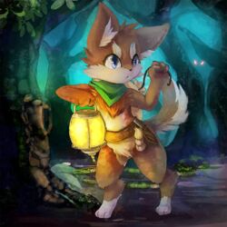  1:1 4_fingers anthro avoid_posting being_watched blue_eyes conditional_dnp dagger detailed_background duo fingers forest lamp looking_at_another male mammal melee_weapon nature outside plant ruugiaruu scarf solo_focus tree weapon young young_anthro 