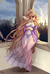  2018 anthro belle_(belletrist) blonde_hair breasts brown_body brown_fur clothing day deer detailed_background digital_media_(artwork) eyelashes female fur hair hi_res lingerie mammal nightgown nipple_outline outside pollo-chan purple_eyes solo translucent translucent_clothing 