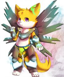  4_fingers anthro armor avoid_posting blush clothing conditional_dnp fingers fur male open_mouth purple_eyes ruugiaruu solo underwear white_body white_fur wings yellow_body yellow_fur young young_anthro 