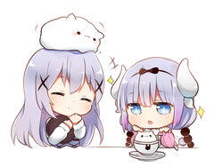  2girls beads blue_eyes chibi closed_eyes commentary_request crossover cup flot gochuumon_wa_usagi_desu_ka? hair_beads hair_ornament hairband hairclip hand_to_own_mouth hands_on_own_face horns kafuu_chino kanna_kamui kobayashi-san_chi_no_maidragon light_purple_hair long_hair look-alike multiple_girls open_mouth ribbon smile sparkle tail teacup tippy_(gochiusa) twintails upper_body 