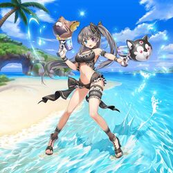  :d aqua_eyes armband armpits beach bikini blue_sky bow breasts choker cleavage cloud day dual_wielding female filsy frilled_bikini frills garm_(valkyrie_connect) hair_between_eyes heterochromia high_heels holding island large_breasts looking_at_viewer navel ocean official_art open_mouth outdoors palm_tree ponytail purple_eyes risa_(valkyrie_connect) sand sandals sky smile splashing summer sun swimsuit tree valkyrie_connect water_gun 