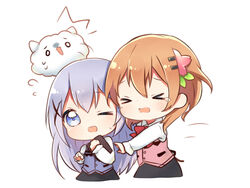  &gt;_&lt; 2girls blue_eyes blue_hair brown_hair chibi closed_eyes commentary_request flot flower gochuumon_wa_usagi_desu_ka? hair_flower hair_ornament hairclip hoto_cocoa hug kafuu_chino long_hair multiple_girls one_eye_closed open_mouth rabbit_house_uniform shirt short_hair skirt tears tippy_(gochiusa) vest 