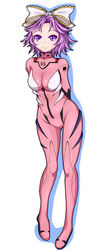  bad_id bad_pixiv_id bodysuit cosplay female full_body hair_ribbon highres kazu_(euthanasia) latooni_subota looking_at_viewer makinami_mari_illustrious makinami_mari_illustrious_(cosplay) neon_genesis_evangelion pink_bodysuit plugsuit purple_eyes purple_hair rebuild_of_evangelion ribbon short_hair simple_background solo standing super_robot_wars super_robot_wars_original_generation white_background 