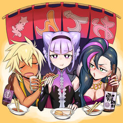  1boy 2girls :t black_dress black_shirt blonde_hair blue_hair blush bottle bouquet bowl braid breasts bridal_gauntlets bright_pupils charaleet_(precure) chopsticks cleavage closed_mouth commentary_request cone_hair_bun counter cup dark_skin detached_sleeves dress drinking_glass drunk earrings flower food frown green_eyes gyaruo hair_bun half-closed_eyes high_collar holding holding_bouquet holding_chopsticks holding_cup hoop_earrings hugtto!_precure jewelry light_purple_hair lipstick long_hair looking_at_another looking_at_viewer makeup medium_breasts multicolored_hair multiple_girls necklace noren oden open_mouth papple_(precure) pink_hair pink_lips precure purple_eyes ruru_amour saliva shirai_keita shirt sitting tank_top tearing_up tied_hair twin_braids twintails two-tone_hair white_pupils wine_bottle 