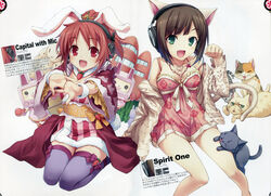  2girls abe_nana absurdres animal animal_ears bare_shoulders black_legwear blush bob_cut breasts brown_hair carrot carrot_necklace cat_ears cat_tail cleavage dress feline food green_eyes hair_ornament headphones highres hiiro_yuki idolmaster idolmaster_cinderella_girls japanese_clothes jewelry kimono long_hair maekawa_miku medium_breasts multiple_girls necklace obi oerba_yun_fang open_mouth paw_pose ponytail rabbit_ears red_eyes red_hair robot sash short_hair short_kimono sitting skirt smile tail thighhighs usa-chan_robot_(idolmaster) vegetable 