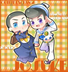  2boys black_hair blue_eyes chibi commentary_request cosplay costume_switch diamond_wa_kudakenai dixie_cup_hat hat higashikata_josuke higashikata_josuke_(jojolion) higashikata_josuke_(jojolion)_(cosplay) jojo_no_kimyou_na_bouken jojolion male_focus military_hat multiple_boys pompadour sailor trudy0816 