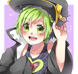  :d ^^^ black_hat blush border borrowed_clothes coat commentary_request double_bun eyes_visible_through_hair female green_eyes green_hair hair_bun hand_on_headwear hat jojo_no_kimyou_na_bouken kujo_jolyne lolicon looking_at_viewer multicolored_hair open_mouth outside_border oversized_object purple_hair sleeves_past_wrists smile solo spider_web_print stone_ocean trudy0816 two-tone_hair upper_body white_border 