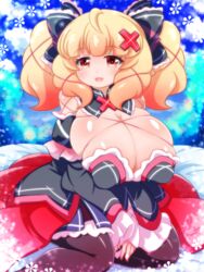  bare_shoulders black_legwear blonde_hair breasts bursting_breasts cleavage female female hair_ornament hair_ribbon huge_breasts kneeling long_breasts long_hair looking_at_viewer oborotsuki_kakeru open_mouth original pantyhose pointy_ears red_eyes ribbon shiny skirt smile solo twintails 