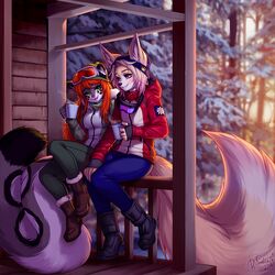  1:1 2018 5_fingers anthro black_nose breasts canid canine clothed clothing day detailed_background digital_media_(artwork) duo eyelashes felid female fingers hair leopard male mammal orange_hair outside pantherine pollo-chan smile winter 