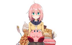  blush candy food green_eyes kagamihara_nadeshiko long_hair pantyhose pink_hair pocky skirt tagme_(artist) tie white yuru_camp 