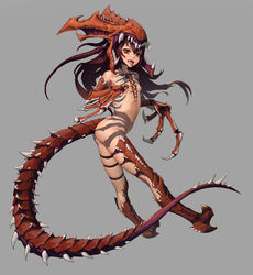  absurdres brown_eyes brown_hair carapace claws commentary_request fangs female full_body grey_background high_heels highres hydralisk long_hair looking_at_viewer mcrc_science monster_girl nude photoshop_(medium) revealing_clothes shadow sharp_teeth simple_background skinny solo spiked_tail spikes starcraft tail teeth thigh_strap tongue tongue_out twisted_torso zerg_(starcraft) 