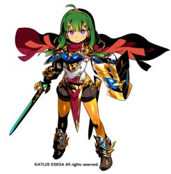  absurdres ahoge armor armored_boots boots bright_pupils cape copyright_notice female full_body green_hair hero_(sekaiju) hero_2_(sekaiju) highres himukai_yuuji holding holding_shield holding_sword holding_weapon long_hair official_art orange_pantyhose pantyhose pelvic_curtain pink_eyes sekaiju_no_meikyuu sekaiju_no_meikyuu_x serious sheath shield solo sword tiara transparent_background weapon 