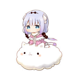  beads blue_eyes chibi commentary_request crossover dress female flot gochuumon_wa_usagi_desu_ka? hair_beads hair_ornament hairband horns kanna_kamui kobayashi-san_chi_no_maidragon light_purple_hair long_hair look-alike parody pink_dress ribbon riding sitting tail tippy_(gochiusa) tokimeki_poporon twintails 