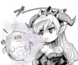  :3 bare_shoulders blush_stickers breasts cleavage commentary_request demon_girl dress earrings elbow_gloves female gloves greyscale hands_on_own_hips heart heart_earrings horns ishiyumi jewelry lilith_(p&amp;d) long_hair medium_breasts monochrome necklace pointy_ears poison_(final_fight) puzzle_&amp;_dragons shaded_face skull spit_take spitting star_(symbol) tamadra wings 