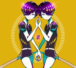  2others amethyst_(houseki_no_kuni) androgynous braid commentary_request gem gem_uniform_(houseki_no_kuni) hair_over_one_eye highres holding_hands houseki_no_kuni lonom looking_at_viewer multiple_others necktie other_focus purple_eyes purple_hair siblings smile sparkle sword twins weapon yellow_background 