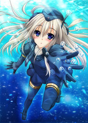  aoi_hiro blonde_hair blue_eyes commentary_request cropped_jacket derivative_work female jacket kantai_collection long_hair looking_at_viewer md5_mismatch open_clothes open_jacket parted_lips photoshop_(medium) reaching resolution_mismatch solo source_smaller submerged u-511_(kancolle) underwater 