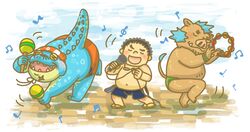  2018 anthro belly blue_body blush brown_body brown_fur closed_eyes clothing crocodile crocodilian crocodylid dancing fur ganglie_(tas) group human lifewonders makara_(tas) male mammal mohawk music overweight overweight_male reptile scalie sekuranra suid suina sus_(pig) swimwear tokyo_afterschool_summoners wild_boar 