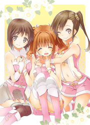  3girls bad_id bad_pixiv_id bare_shoulders blush boots brown_eyes brown_hair chika_(orange_pop) closed_eyes futami_mami hagiwara_yukiho idolmaster idolmaster_(classic) looking_at_viewer multiple_girls open_mouth orange_hair pink_diamond_765_(idolmaster) pink_footwear short_hair side_ponytail smile takatsuki_yayoi thighhighs twintails 