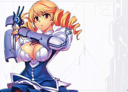  absurdres blonde_hair blush bow breasts christine_evora cleavage cleavage_cutout clothing_cutout dress drill_hair female freezing_(series) gloves highres kim_kwang_hyun large_breasts long_hair long_sleeves looking_at_viewer no_bra official_art pantyhose photoshop_(medium) puffy_long_sleeves puffy_sleeves red_eyes scan shirt skirt solo turtleneck twintails 