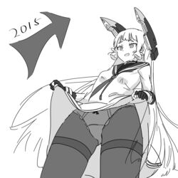  2015 :d arrow_(symbol) bad_id bad_pixiv_id bow bow_panties clothes_lift dress dress_lift drum_(acta2436) female fingerless_gloves gloves greyscale hair_ribbon headgear highres kantai_collection long_hair long_sleeves monochrome murakumo_(kancolle) open_mouth panties panties_under_pantyhose pantyhose ribbon sailor_dress simple_background smile solo thighband_pantyhose underwear very_long_hair white_background 