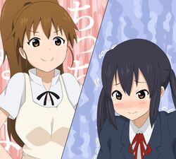  2girls apron black_hair blush breast_envy breasts brown_eyes brown_hair commentary_request crossover k-on! long_hair medium_breasts multiple_girls nakano_azusa ponytail sakuragaoka_high_school_uniform school_uniform shizupu skirt smug taneshima_popura translated twintails waitress working!! 