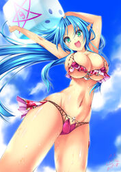  :d armpits arms_up ayuhara_hiiro bad_id bad_pixiv_id bikini blue_hair breasts cloud cloudy_sky day dice elf female green_eyes highres huge_breasts long_hair looking_at_viewer micro_bikini open_mouth original pink_bikini pointy_ears sky smile solo swimsuit wet 