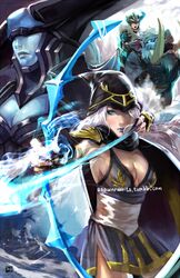  3girls armor arrow_(projectile) ashe_(league_of_legends) blue_eyes blue_lips blue_nails blue_skin boar bow_(weapon) breasts bristle cape cleavage cleavage_cutout clothing_cutout colored_skin commentary_request covered_eyes dress fake_horns fur_trim helmet helmet_over_eyes hood horned_helmet horns league_of_legends linda_yan lipstick lissandra_(league_of_legends) long_hair makeup md5_mismatch medium_breasts multiple_girls nail_polish pauldrons resolution_mismatch riding riding_boar sash sejuani shoulder_armor source_larger weapon white_hair 