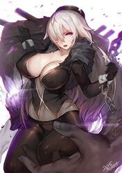  abyssal_ship atago_(kancolle) black_gloves breasts chains cleavage commentary_request corruption covered_nipples dark_persona female gloves hat highres kantai_collection large_breasts long_hair looking_at_viewer mukka open_mouth pantyhose purple_eyes solo thighband_pantyhose white_hair 