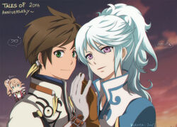  2015 2boys alisha_diphda anniversary bishounen brown_hair commentary earrings feather_earrings feathers female gloves green_eyes holding_hands jewelry kuromai long_hair mikleo_(tales) multiple_boys photoshop_(medium) purple_eyes short_hair side_ponytail signature smile sorey_(tales) spoilers tales_of_(series) tales_of_zestiria white_hair 