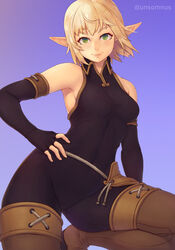  armpits bare_shoulders blonde_hair boots breasts brown_thighhighs commentary covered_navel cra_(wakfu) elbow_gloves elf english_commentary evangelyne_(wakfu) female fingerless_gloves freckles gloves green_eyes hand_on_own_hip highres lips looking_at_viewer medium_breasts pointy_ears short_hair skin_tight smile solo thigh_boots thighhighs unsomnus wakfu 