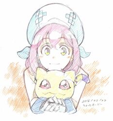  beret blush commentary_request creature dated digimon digimon_(creature) digimon_linkz female gloves green_eyes hat holding holding_digimon kurihara_hina microphone nyaromon pink_hair red_eyes smile t-okada traditional_media white_gloves 