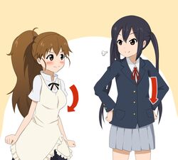  2girls apron arrow_(symbol) black_hair blush breasts brown_eyes brown_hair commentary_request crossover height_conscious height_difference k-on! long_hair medium_breasts multiple_girls nakano_azusa ponytail puff_of_air sakuragaoka_high_school_uniform school_uniform shizupu skirt taneshima_popura triumph_(expression) twintails waitress working!! 