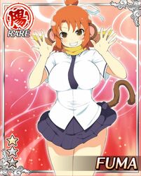  animal_ears arms_up breasts brown_eyes card_(medium) character_name female fuma_(senran_kagura) grin hair_ribbon large_breasts monkey monkey_ears monkey_tail necktie official_art open_hands open_mouth orange_hair palms ribbon scarf senran_kagura senran_kagura_new_wave short_hair shuriken skirt smile solo tail weapon yaegashi_nan 