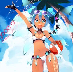  absurdres aqua_eyes aqua_hair aqua_nails arm_up ass_visible_through_thighs ball bikini black_gloves body_writing breasts cleavage commentary_request cowboy_shot dark-skinned_female dark_skin double_bun eyewear_on_head female fingerless_gloves gloves goodsmile_company goodsmile_racing hair_bun hatsune_miku headset heart_hair_bun high_heels highres looking_at_viewer mechanical_wings multiple_wings nail_polish navel no_socks open_mouth racing_miku racing_miku_(2013) racing_miku_(2013_sepang_ver.) sign smile solo stomach sunglasses swimsuit tan tanlines transparent transparent_wings vocaloid white_bikini wings ytk_(yutta-p) 