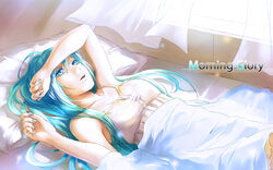  aqua_eyes aqua_hair bed blanket commentary_request copyright_name curtains female hatsune_miku long_hair lying momopanda nail_polish on_back photoshop_(medium) pillow solo vocaloid 