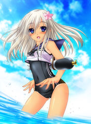  aoi_hiro blonde_hair blue_eyes blue_sky cloud commentary_request cowboy_shot day female flower hair_flower hair_ornament kantai_collection long_hair looking_at_viewer ocean one-piece_swimsuit photoshop_(medium) ro-500_(kancolle) school_swimsuit school_uniform serafuku sky solo standing swimsuit swimsuit_under_clothes tan tanlines torpedo wading 