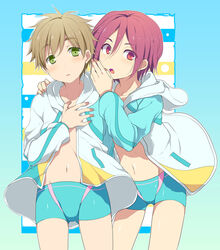  2boys aged_down bad_id bad_pixiv_id blush brown_hair bulge free! green_eyes hood hoodie ku--ma male_focus male_swimwear matsuoka_rin multiple_boys navel open_mouth photoshop_(medium) red_eyes red_hair shorts swim_trunks tachibana_makoto 