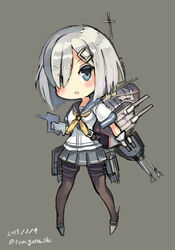  bad_id bad_pixiv_id blue_eyes blush bob_cut chibi commentary_request dated female gloves grey_background grey_hair hair_ornament hair_over_one_eye hairclip hamakaze_(kancolle) highres kantai_collection karashi_(tou_gara_shi) machinery neckerchief pantyhose pleated_skirt school_uniform serafuku short_sleeves skirt solo twitter_username yellow_neckerchief 