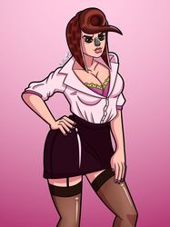  1girls bra cleavage female female_only fully_clothed hair_swirl higashikata_mitsuba jojo&#039;s_bizarre_adventure jojolion lipstick medium_breasts melloyman rock_nose secretary skirt smile solo thighhighs thighs 