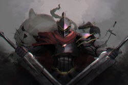  1other absurdres ainz_ooal_gown ambiguous_gender armor black_armor cape commentary_request female hamsuke highres holding holding_sword holding_weapon knight kodai3223 looking_at_viewer momon_(overlord) narberal_gamma overlord_(maruyama) photoshop_(medium) red_cape simple_background sword weapon 