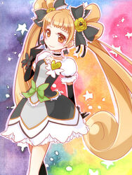  alternate_color black_choker black_gloves bow brooch brown_eyes brown_hair choker commentary_request cure_rosetta dokidoki!_precure double_bun earrings elbow_gloves eyelashes female flower gloves hair_bun hair_flower hair_ornament heart heart_brooch jewelry long_hair magical_girl precure ribbon rose skirt smile solo tama_(miloque) twintails waist_bow wrist_cuffs yotsuba_alice 