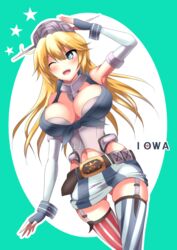  american_flag american_flag_legwear ass_visible_through_thighs asymmetrical_legwear bad_id bad_pixiv_id blonde_hair blue_eyes breasts cleavage commentary_request dutch_angle elbow_gloves female fingerless_gloves flag_print front-tie_top garter_straps gloves hair_between_eyes headgear iowa_(kancolle) kantai_collection large_breasts long_hair miniskirt mismatched_legwear one_eye_closed shinoda_meri simple_background skirt solo star-shaped_pupils star_(symbol) striped_clothes striped_thighhighs symbol-shaped_pupils thighhighs thighs uss_iowa_(bb-61) vertical-striped_clothes vertical-striped_thighhighs 