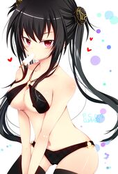  bikini black_bikini black_hair bloodcatblack breasts cleavage commentary_request female food highres long_hair medium_breasts mouth_hold phantasy_star phantasy_star_online_2 popsicle red_eyes solo swimsuit thighhighs twintails 