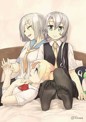  3girls asymmetrical_hair bed blonde_hair blouse breasts buttons closed_eyes commentary_request failure_penguin feet flipped_hair grey_eyes grey_hair hair_ornament hair_over_one_eye hairclip hamakaze_(kancolle) holding_hands interlocked_fingers kantai_collection lap_pillow large_breasts long_hair lying maikaze_(kancolle) md5_mismatch multiple_girls neckerchief necktie no_gloves no_shoes nowaki_(kancolle) on_back open_mouth panties panties_under_pantyhose pantyhose parted_bangs pillow pleated_skirt ponytail red_ribbon ribbon school_uniform scrunchie serafuku shirt short_hair sitting skirt smile swept_bangs twitter_username underwear vest yellow_necktie yotsura 