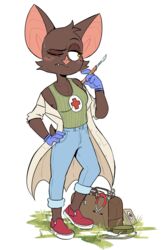  2018 4_fingers anthro bare_shoulders bat beezii big_ears big_eyes biped blush bottomwear breasts brown_body brown_fur cheek_tuft clothed clothing coat denim denim_bottomwear denim_clothing digital_media_(artwork) facial_tuft fangs female fingers flat_colors footwear front_view frown fully_clothed fur gloves grass hand_on_hip handwear hi_res holding_object humanoid_hands jeans lab_coat looking_away mammal medic medical_gloves medical_instrument one_eye_closed outside pants phoebe_(beezii) plant scalpel scientific_instrument shirt shoes simple_background solo standing stethoscope surgical_instrument syringe tank_top teeth toony topwear tuft white_background yellow_eyes 