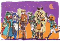  2girls 4boys armor bad_id bad_twitter_id bandages broom candy cape demon_horns dorcas_(fire_emblem) dorcas_(halloween)_(fire_emblem) fire_emblem fire_emblem:_the_blazing_blade fire_emblem_heroes florina_(fire_emblem) food fur_collar gauntlets grin halloween halloween_bucket halloween_costume hat horns kent_(fire_emblem) lyn_(fire_emblem) multiple_boys multiple_girls murabito_ba pumpkin pumpkin_hat sain_(fire_emblem) smile sweets wavy_hair wil_(fire_emblem) witch_hat 