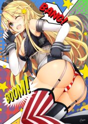  ;d ass bad_id bad_pixiv_id bang_(gesture) bare_shoulders blonde_hair blue_eyes blush breasts cleavage commentary elbow_gloves female finger_gun from_behind garter_straps gloves headgear iowa_(kancolle) kantai_collection large_breasts long_hair looking_at_viewer looking_back minari_(minari37) miniskirt one_eye_closed open_mouth panties skirt smile solo sound_effects star-shaped_pupils star_(symbol) striped_clothes striped_panties striped_thighhighs symbol-shaped_pupils thighhighs underwear vertical-striped_clothes vertical-striped_thighhighs 