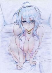  absurdres ahoge aqua_eyes bed breast_press breasts choker colored_pencil_(medium) commentary_request covered_nipples duel_monster female hair_over_breasts hairband highres large_breasts leaning_forward looking_at_viewer milla_the_temporal_magician nude reebi sidelocks smile solo traditional_media white_hair yu-gi-oh! 